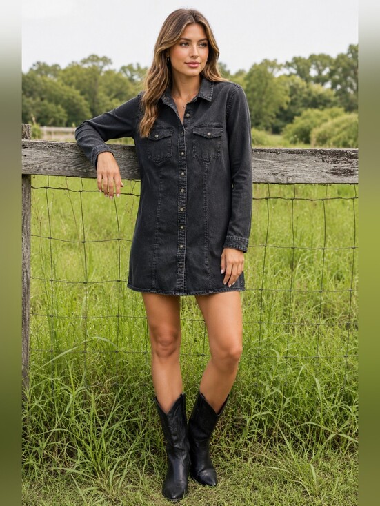 Velvet Heart Dresses & Skirts - Black Denim Velvet Heart Shirt Dress | Button Front | Long Sleeve | Size L